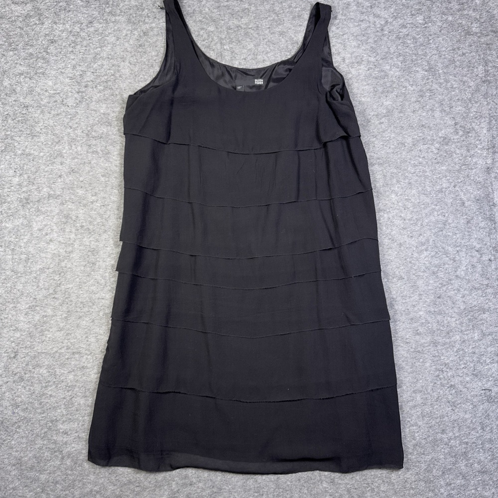 Eileen Fisher Dress Medium Black Tiered Lagenlook Minimalist Soft Boho